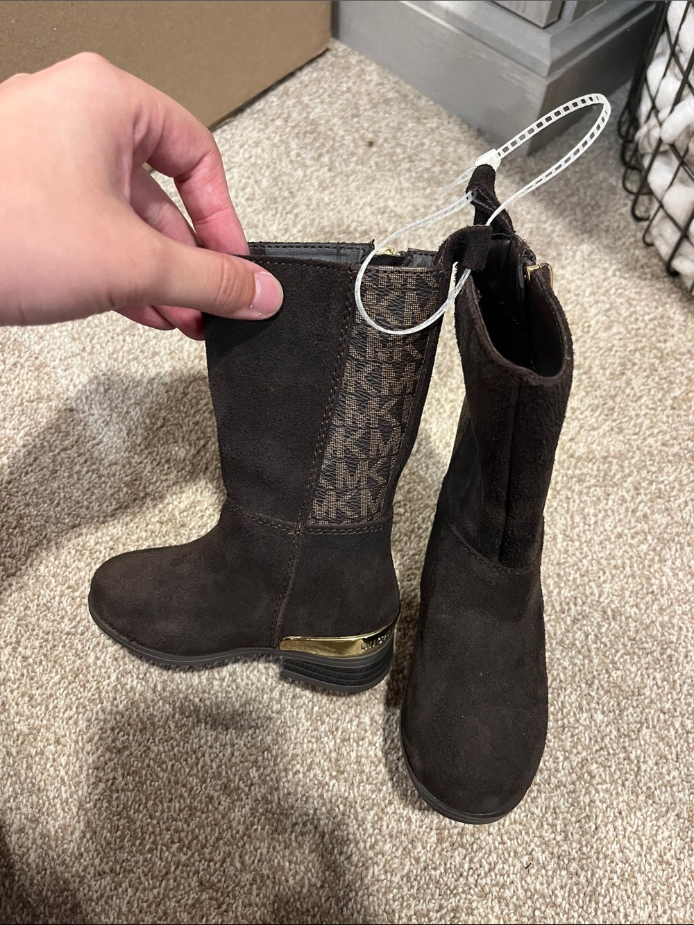 Michael Kors Dark Brown Suede MK Logo Mid-Calf Boots with Gold Heel Accent
